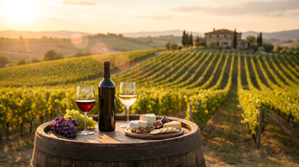 Glasses of red and white wine on a barrel overlooking the vineyards at sunset